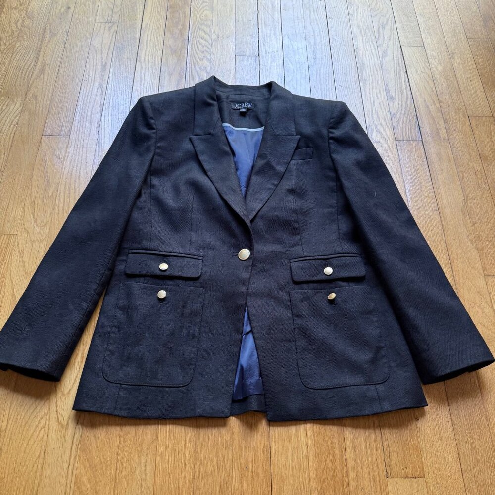 J.Crew Vivienne Navy Linen Blend Blazer 10P Petite Gold Button Tailored Jacket - Picture 13 of 16